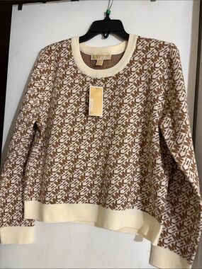 Michael Kors Cream & Brown Monogram Crewneck Sweater, size L.